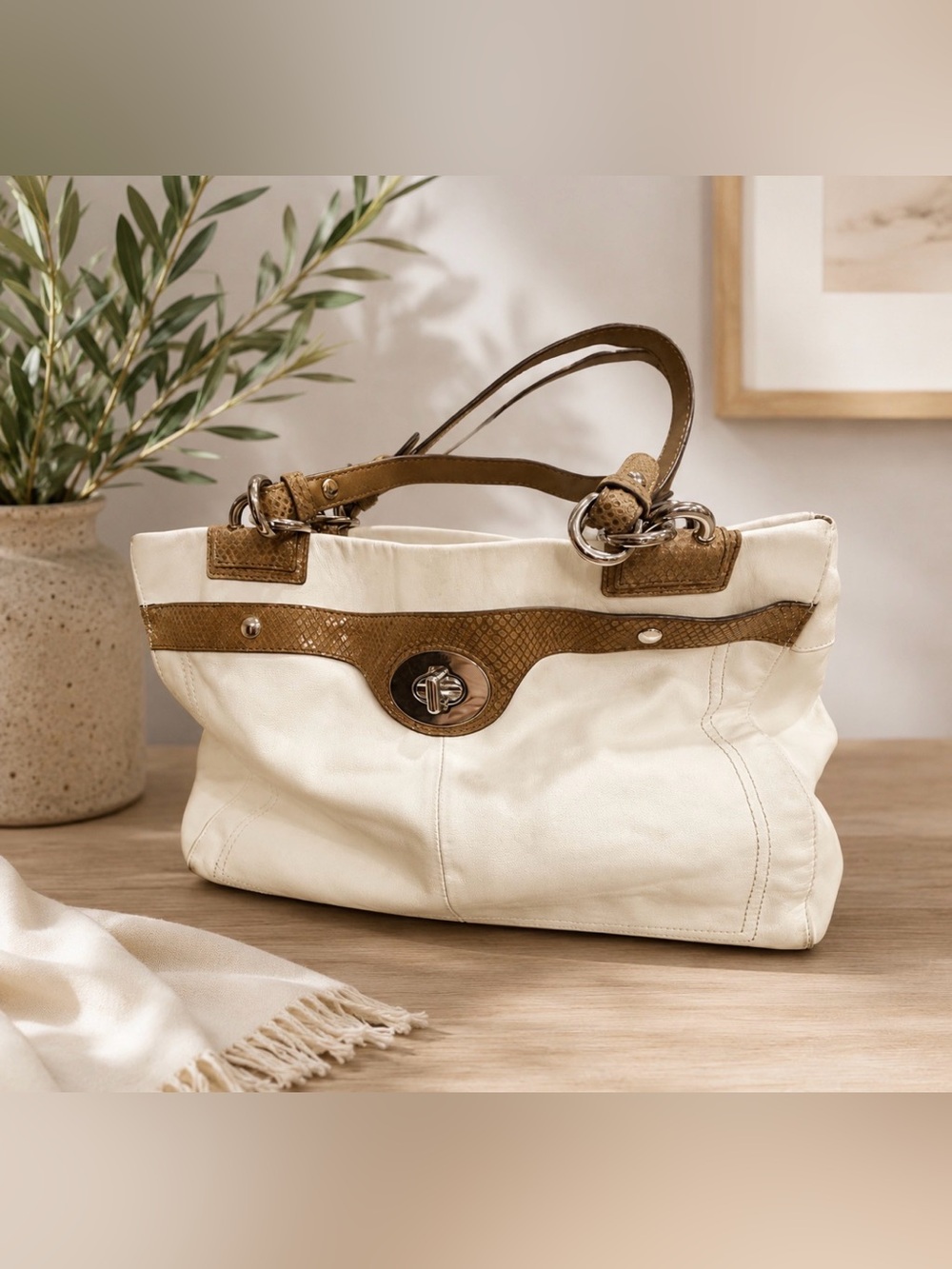 Coach Cream and Tan Leather Shoulder Bag  tote with Silver Hardware F16532